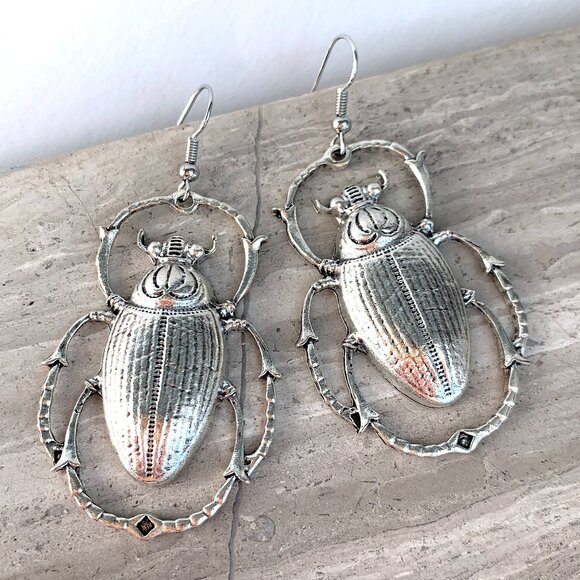 Silver Beetle Bug Drop Earrings — NWT - Picture 4 of 5